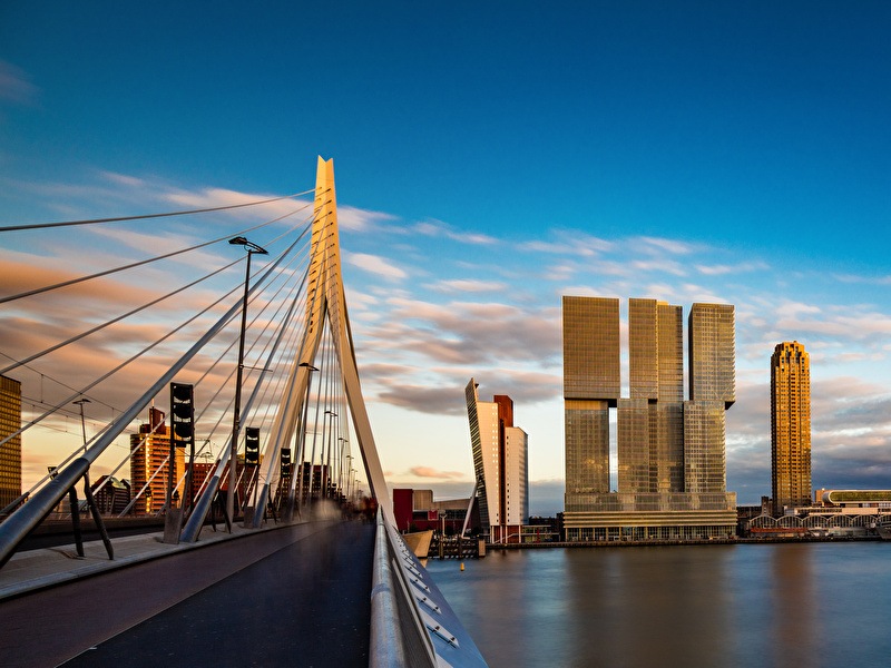 Erasmusbrug im Zentrum von Rotterdam gelegen zwischen hohen Gebäuden und Wasser