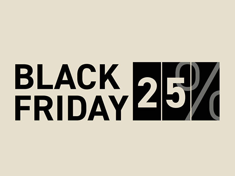 Promotional Black Friday-Bild mit dem Text „Black Friday 25 %“, wobei der Rabattprozentsatz in schwarzen Blöcken angezeigt wird.