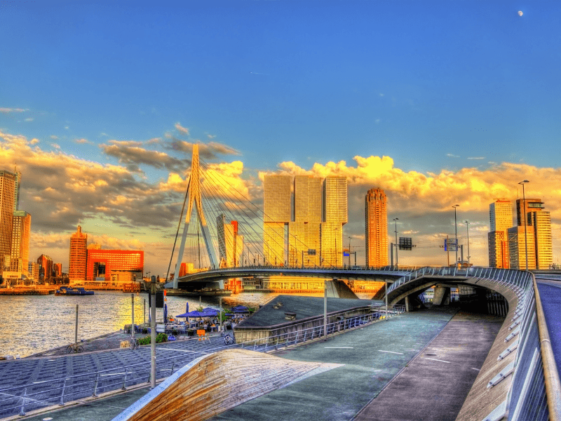 Stadszicht in Rotterdam met een skyline, en de Erasmusbrug met water eronder.